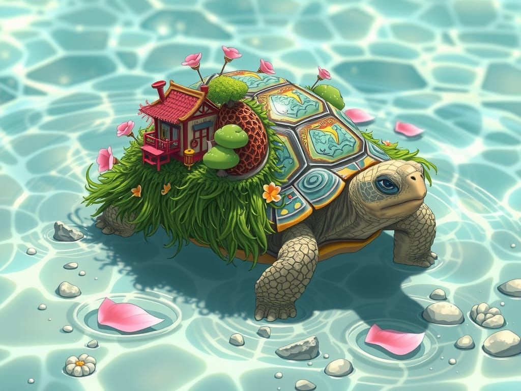 A tortoise with a tiny village on its shell as the tortoise walks in shallow water.