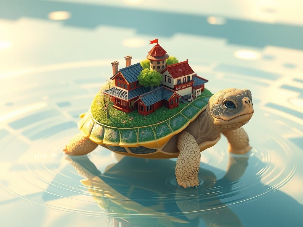 A tortoise with a tiny village on its shell as the tortoise ...