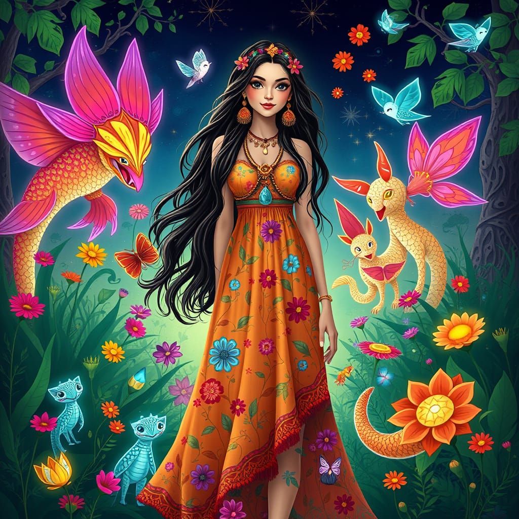 Vibrant Bohemian Goddess in Whimsical Garden Realm
