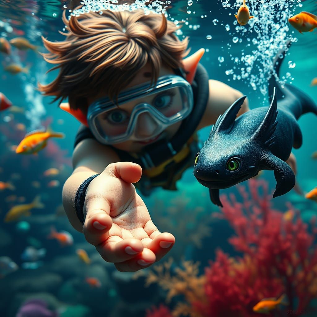Viking Diver Meets Axolotl in an Underwater Fantasy Scene