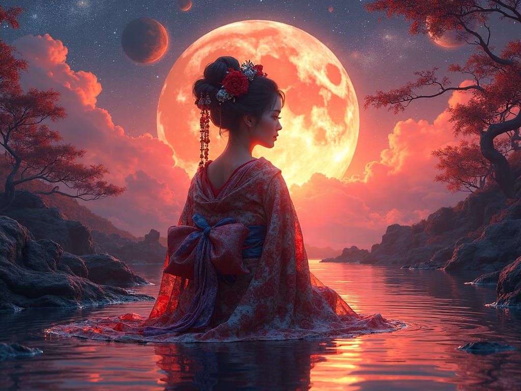 Geisha Reflecting Sunset Under Astral Sky