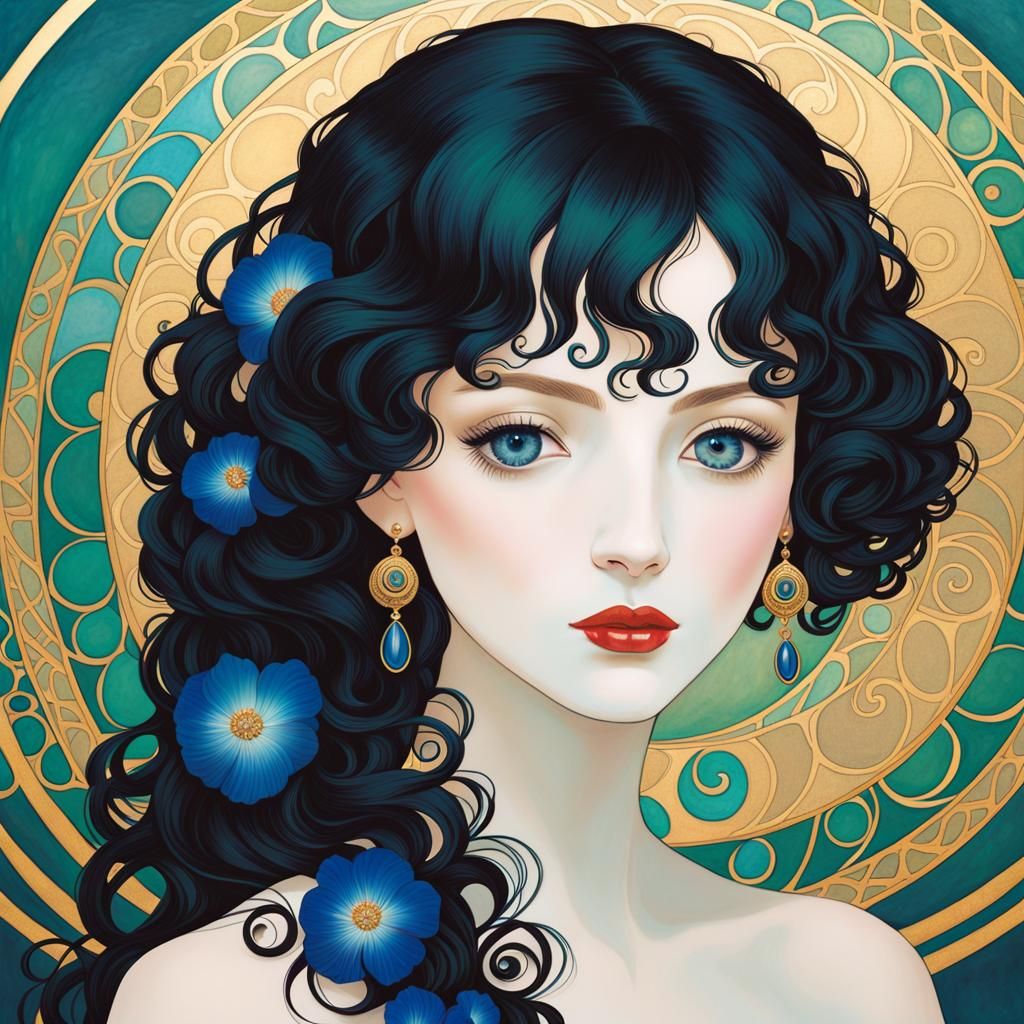 Portrait of Woman with Flowers in Klimt Style