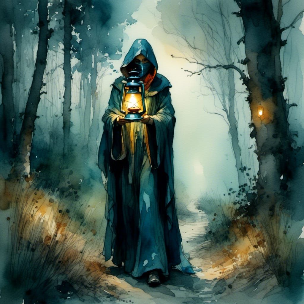 Masked Figure with Lantern at Woods Edge