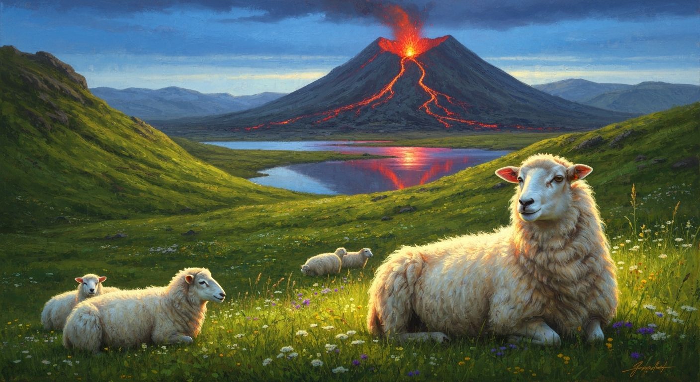 Icelandic Sheep Grazing Near Volcano Oil Painting