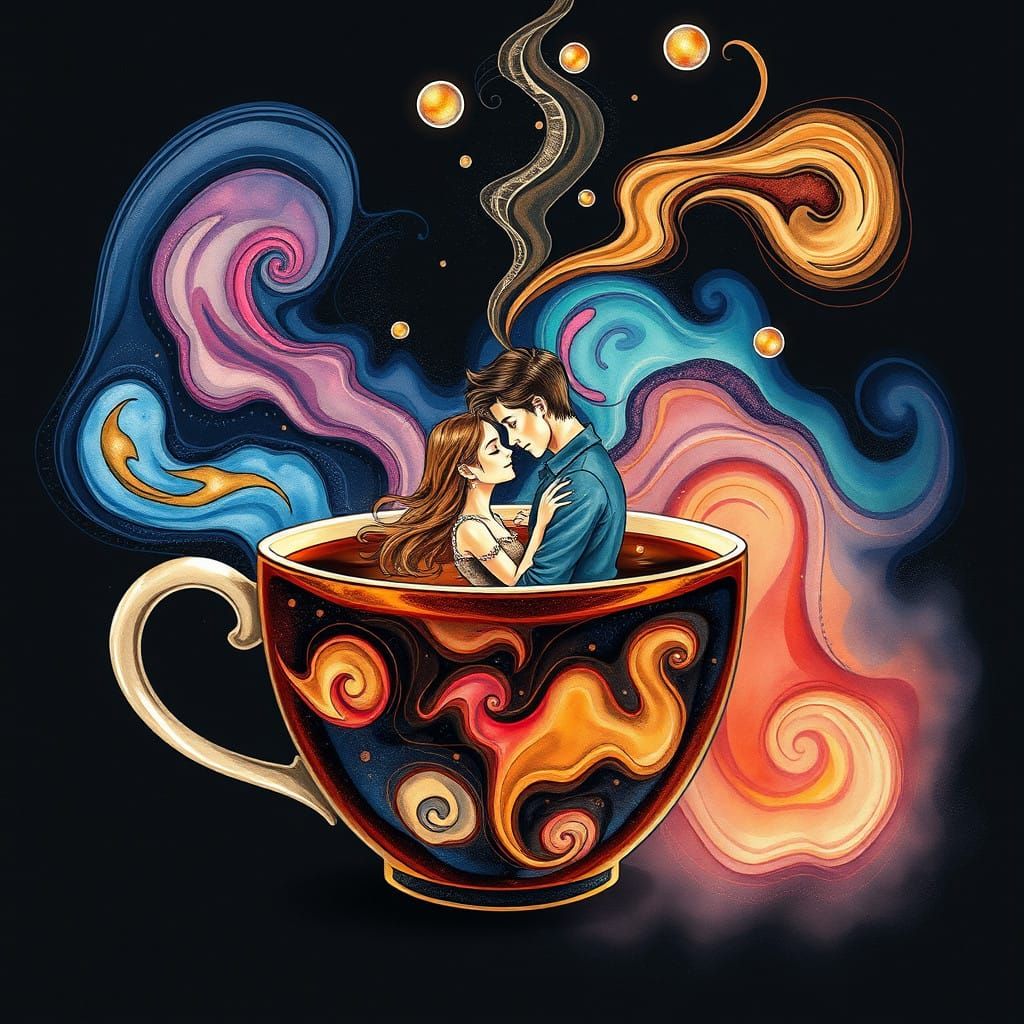 Whimsical Coffee Scene in Dark Watercolor and Ink Style