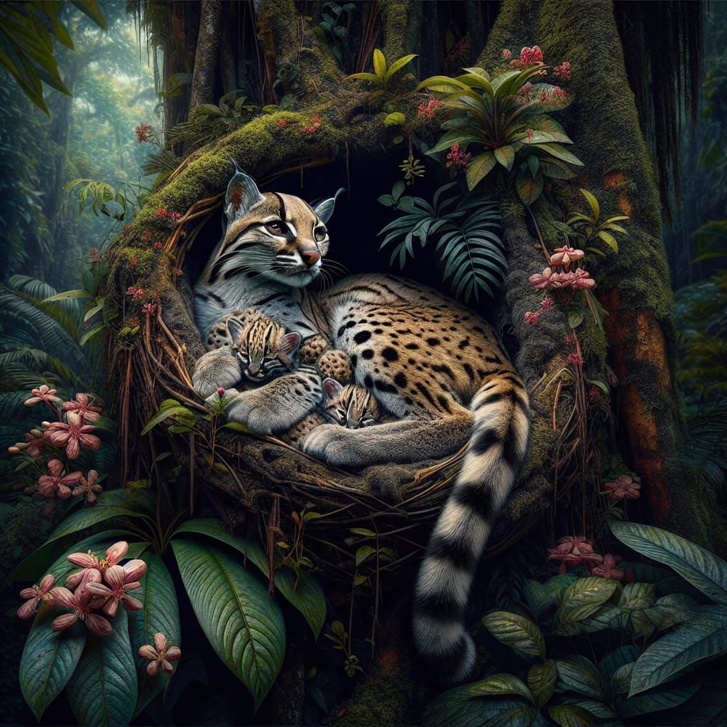 Ocelot Mother Nursing Kittens in Jungle Nest