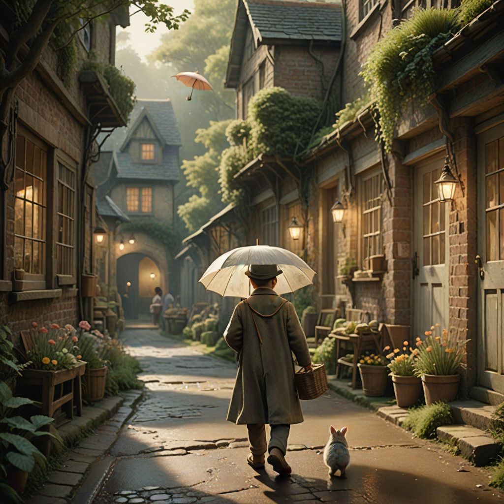 Whimsical Watercolor of a Lonely Figure Under a Paper Umbrel...