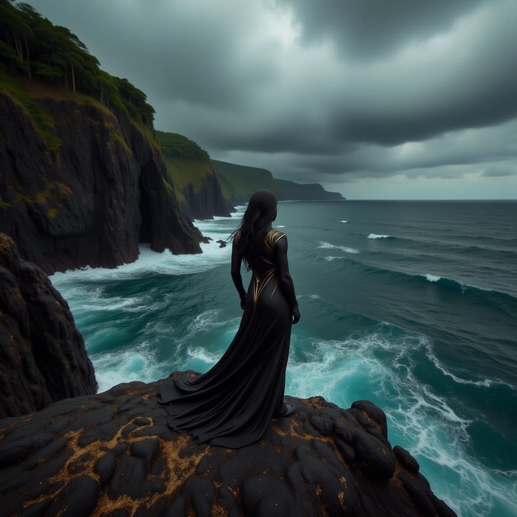 Woman Contemplates Stormy Ocean in Noir Style