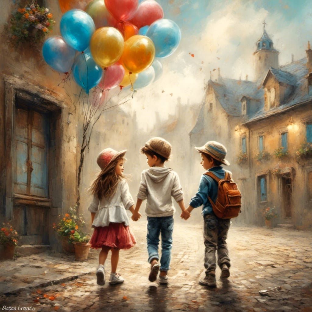 Whimsical Children's Painting with Valentine's Balloons