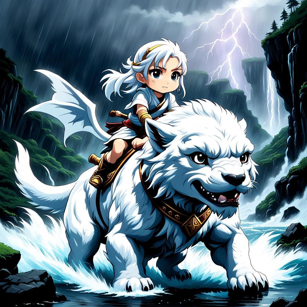 Atreyu and Falkor in Rainstorm, Anime Style