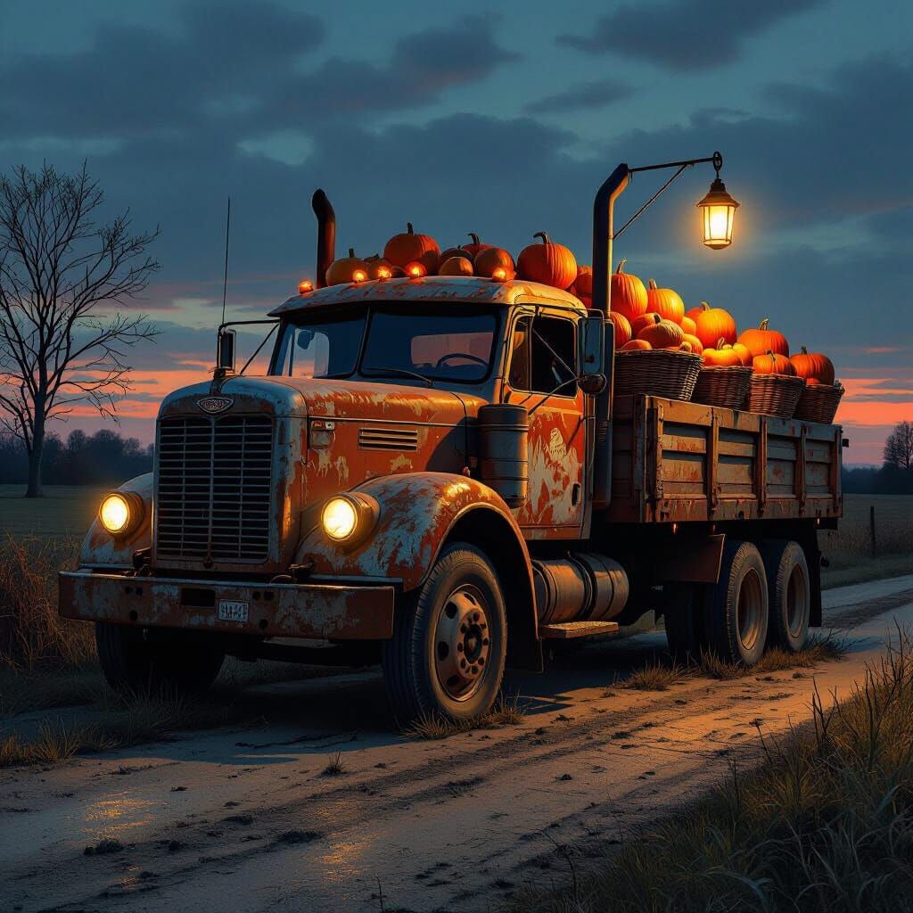 Twilight Truck with Pumpkins in Gothic Style