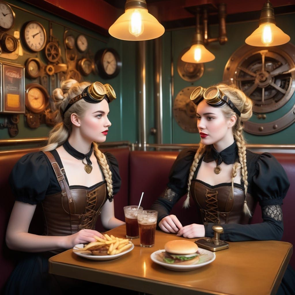 Young Women Enjoy Steampunk-Themed Meal in Cozy Café