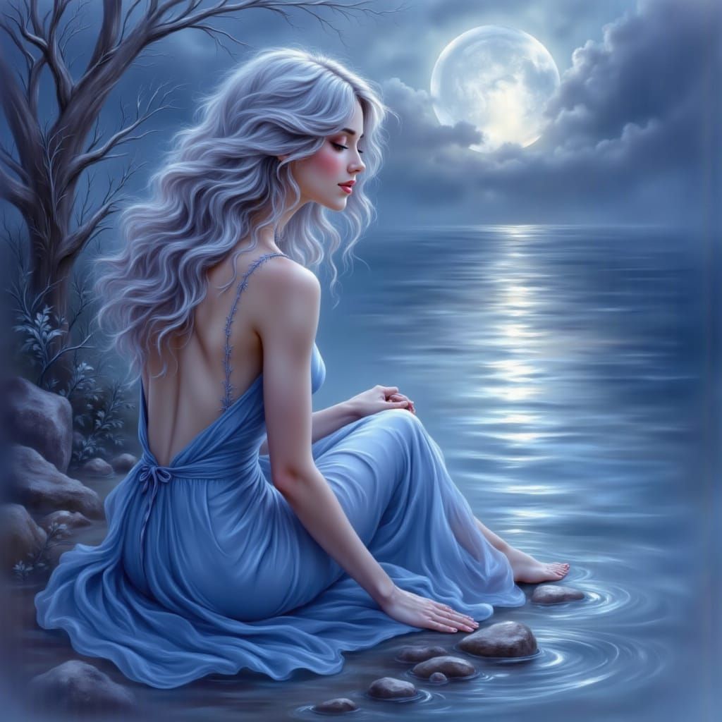 Serene Woman by Moonlit Water in Painterly Style
