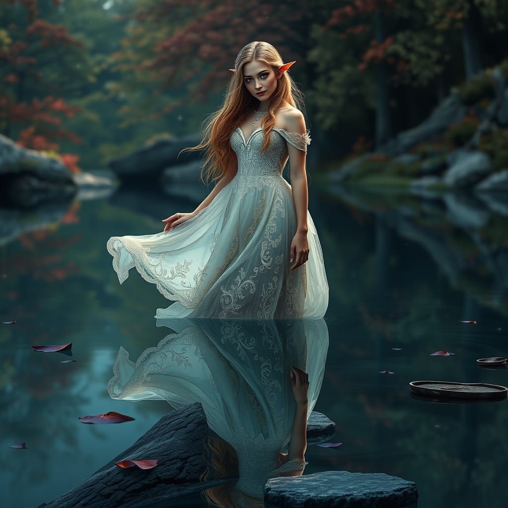 Elven Maiden Reflected in Pool: Hyperrealistic Digital Art