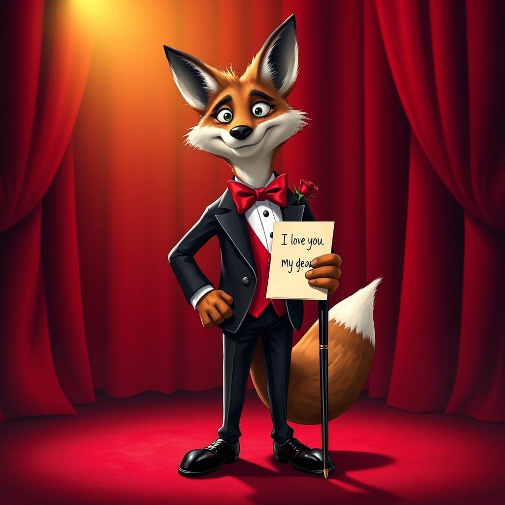 Dapper Fox in Tuxedo on Stage, Muppet Style