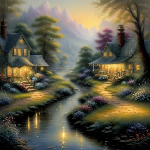 Vintage River Landscape with Floating Lantern