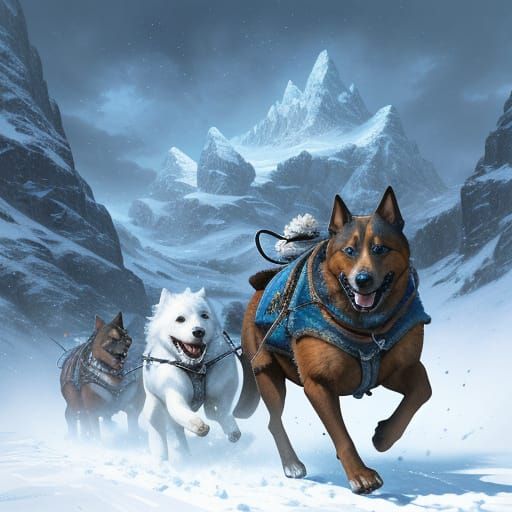Dogs Pulling Sled Through Snowy Wilderness