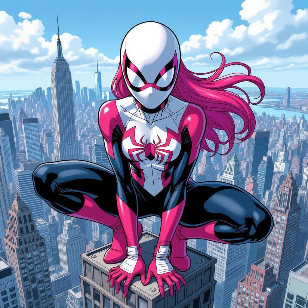 Spider-Girl on Skyscraper in Comic Anime Style