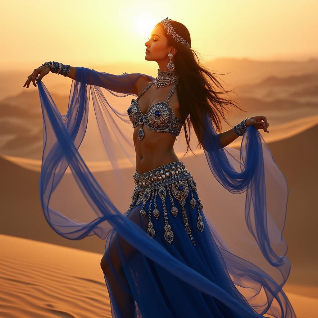 Majestic Arabic Belly Dancer in Royal Blue and Silver Regali...