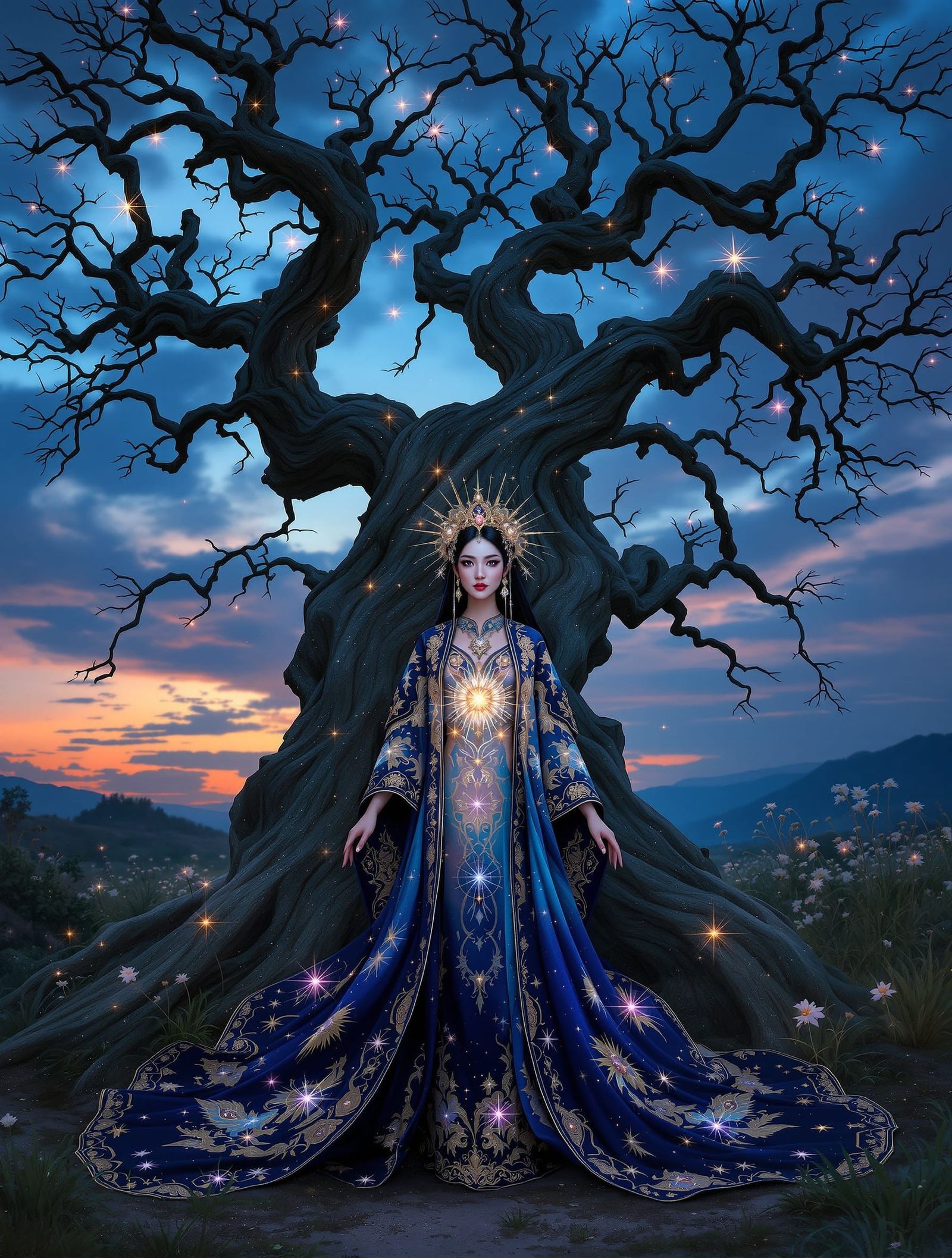 Hmong Queen in Celestial Twilight: Art Nouveau Portrait