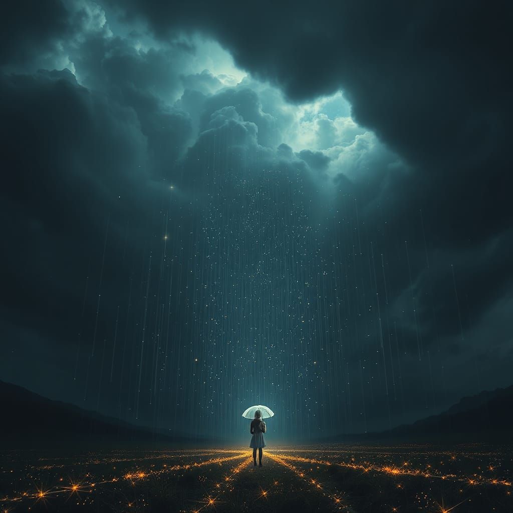 Ethereal Starfall: A Figure Under a Glowing Rain