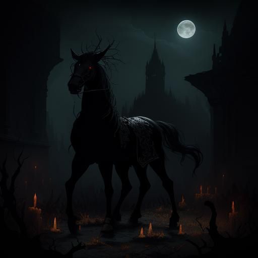 Vampire Rides Demon Horse in Ruined Castle