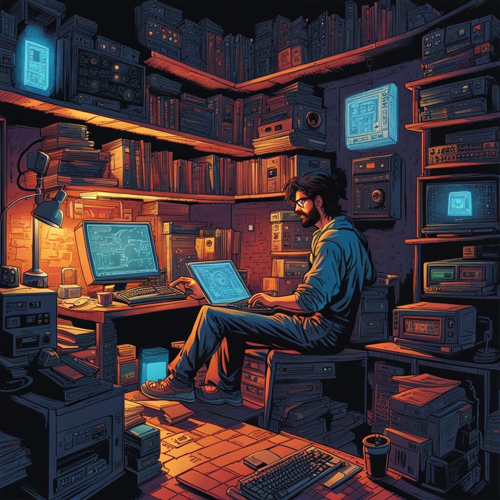 Retro 80s Software Developer in Basement, Digital Illustrati...