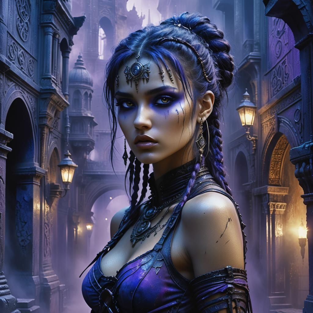 Dark Fantasy Street Girl in Intricate Architecture