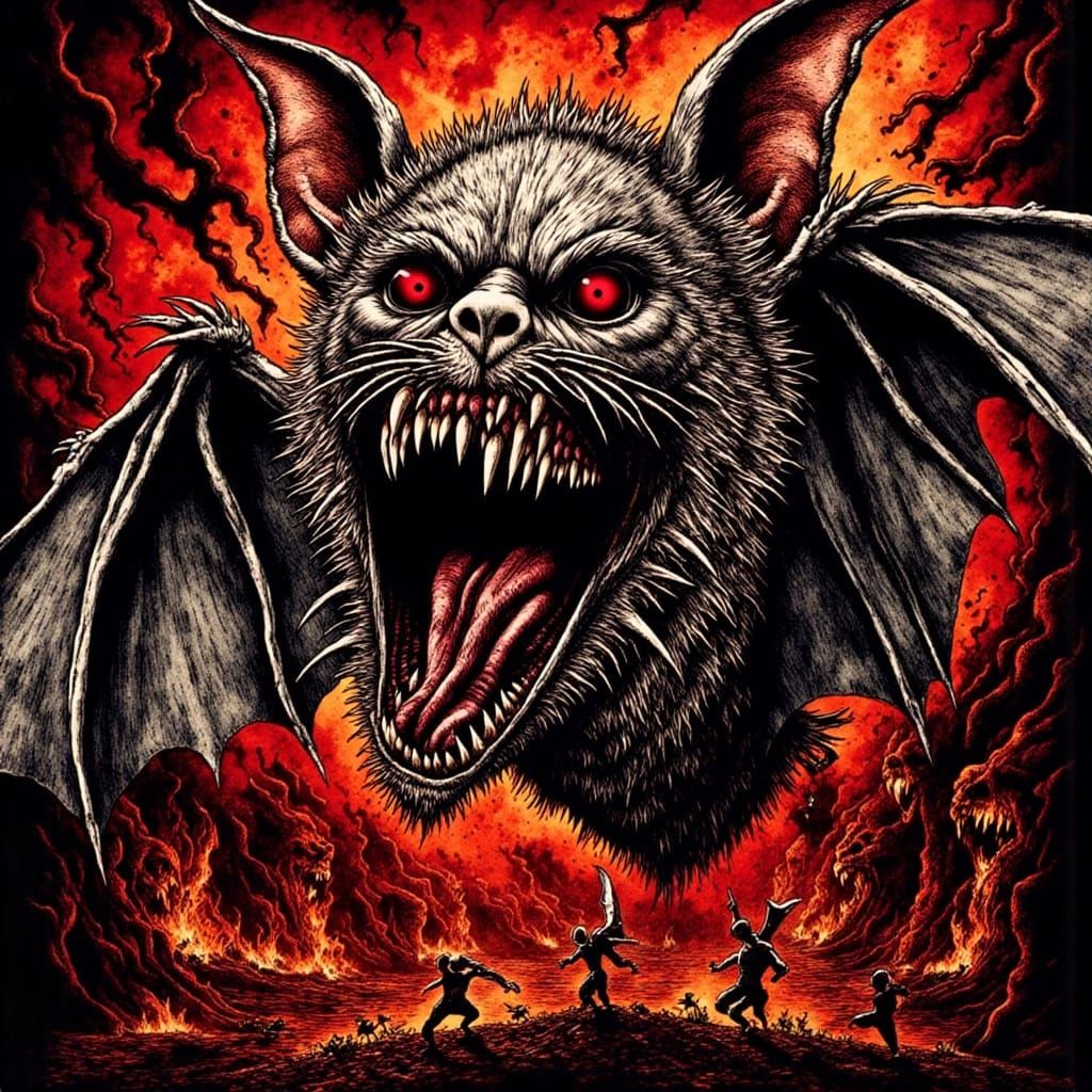Epic Cyberpunk Bat Emerges from Fiery Abyss