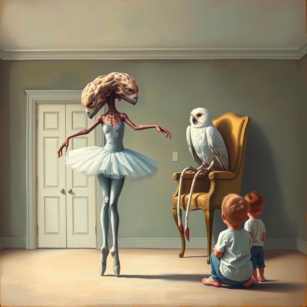 Surreal Ballet Dancer in Empty Room with Watching Children