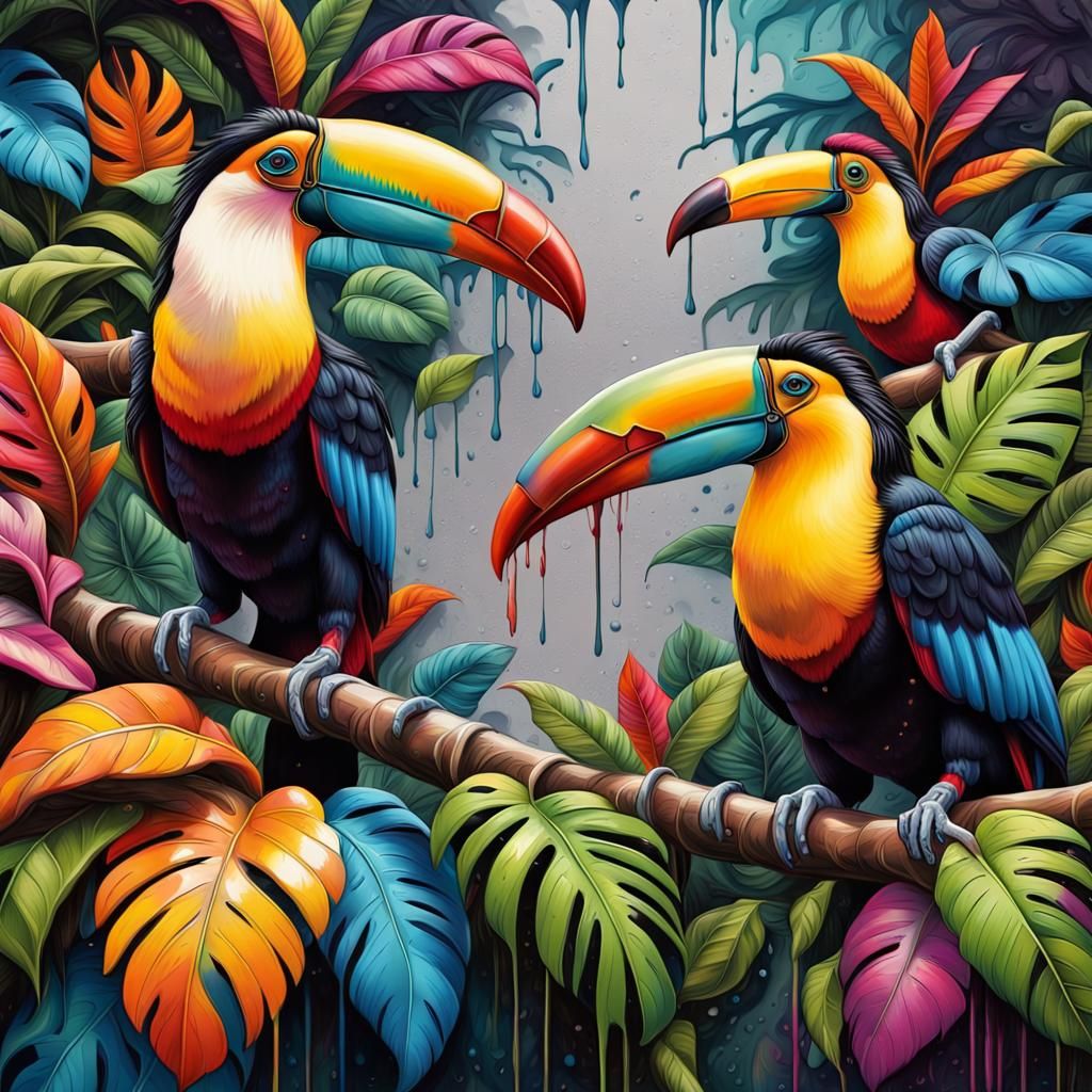 Colorful Toucans in Tropical Jungle Graffiti Art