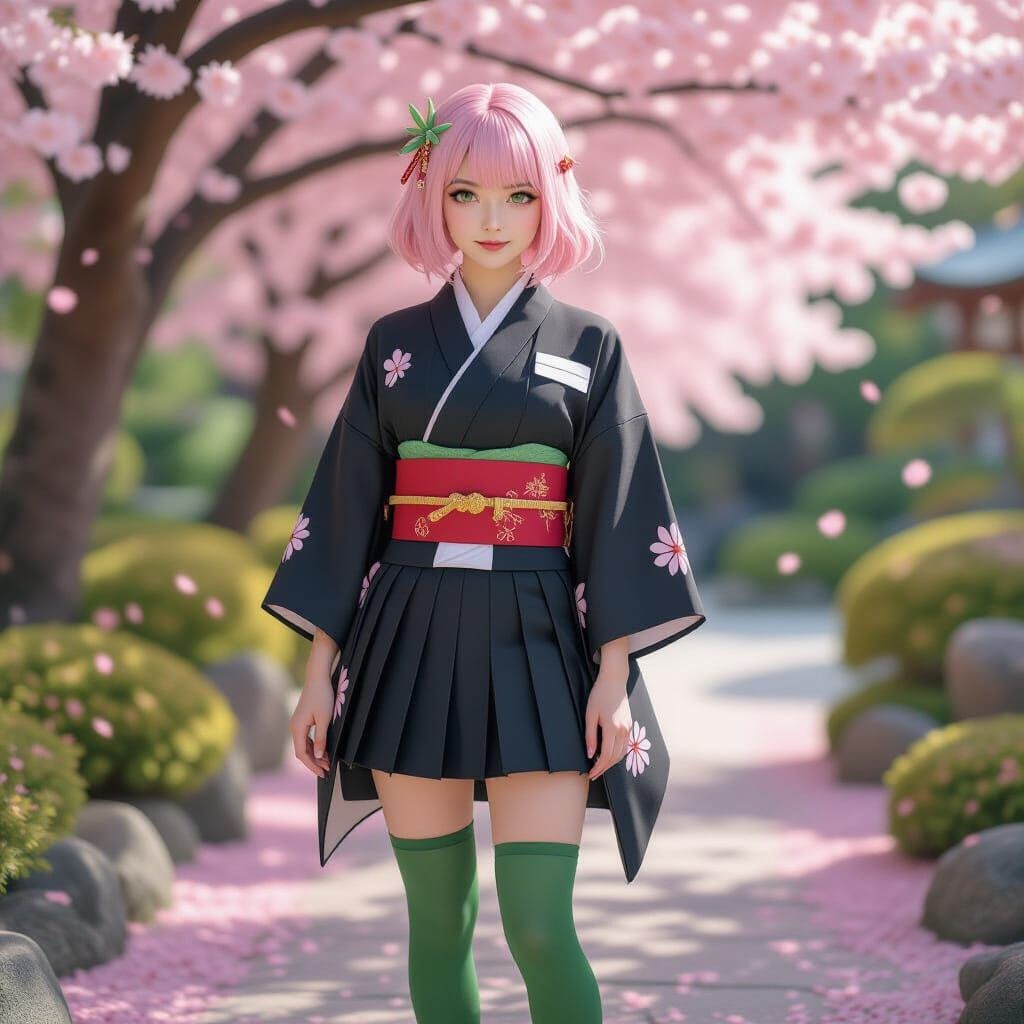Japanese Woman in Garden with Pastel Hair