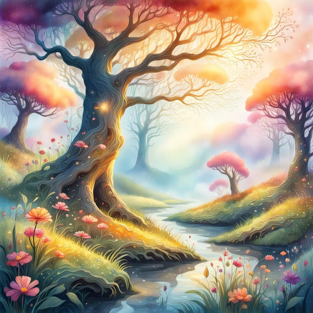 Mystical Landscape in Vibrant Watercolor with Glittering Lig...