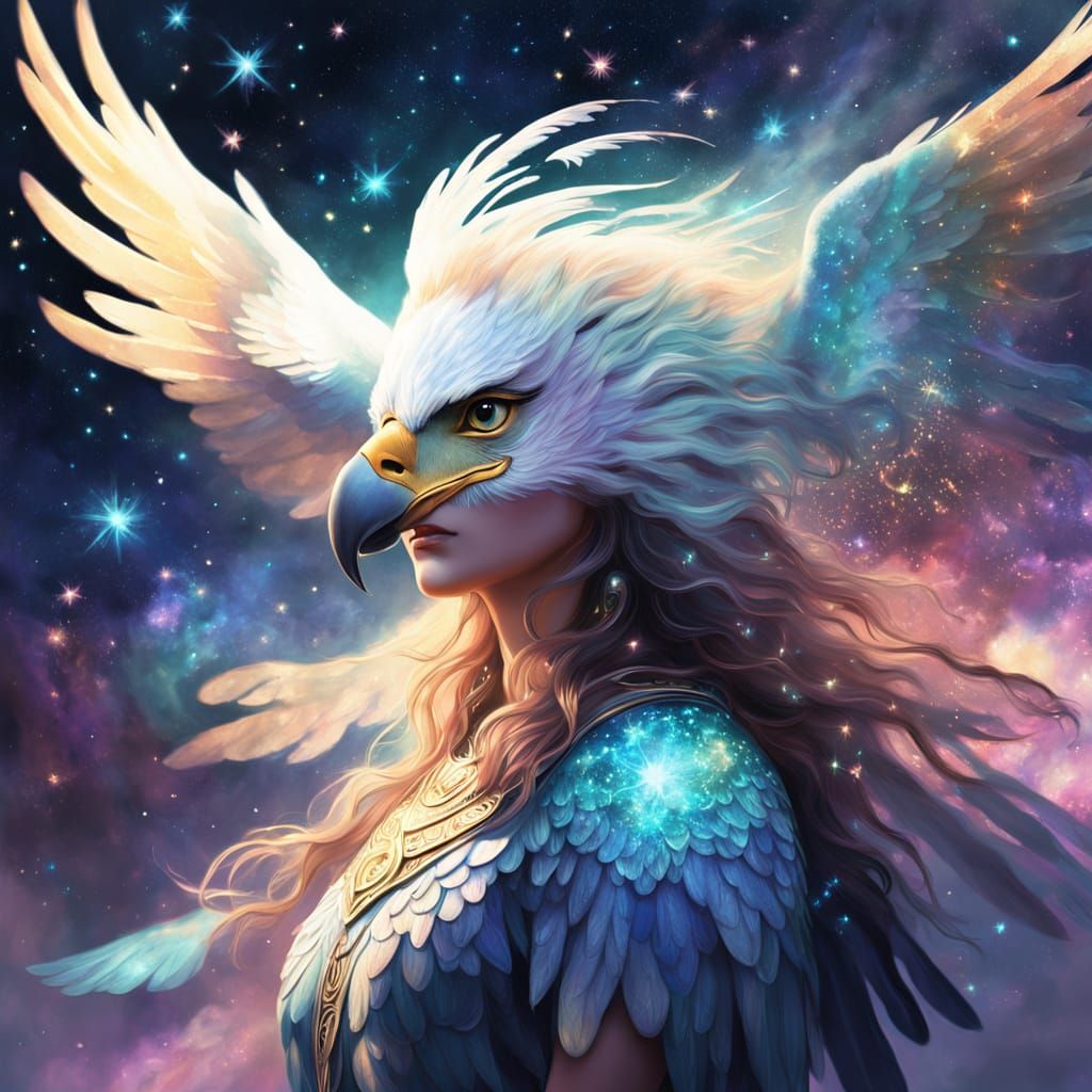 Cosmic Goddess with Outstretched Wings in Vibrant, Iridescen...