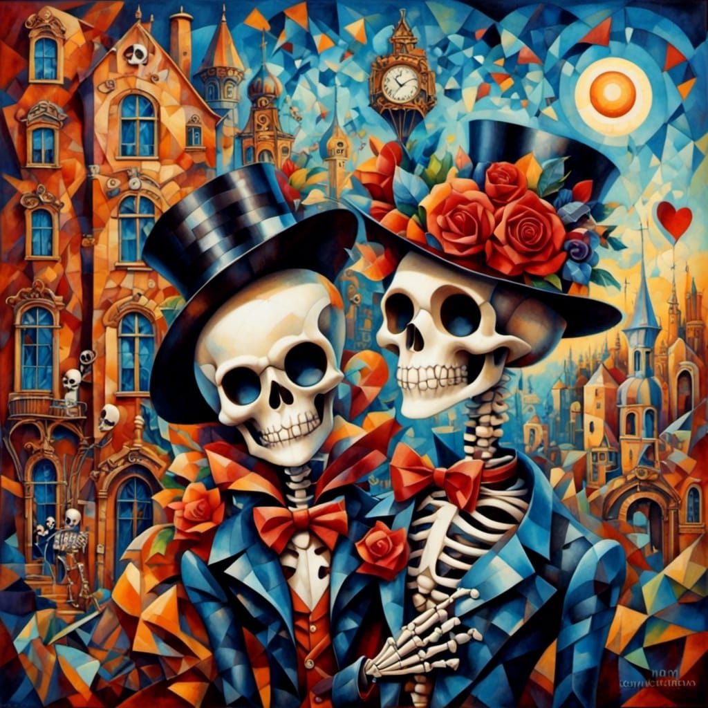 Skeleton Couple in Love: Crystal Cubism Style