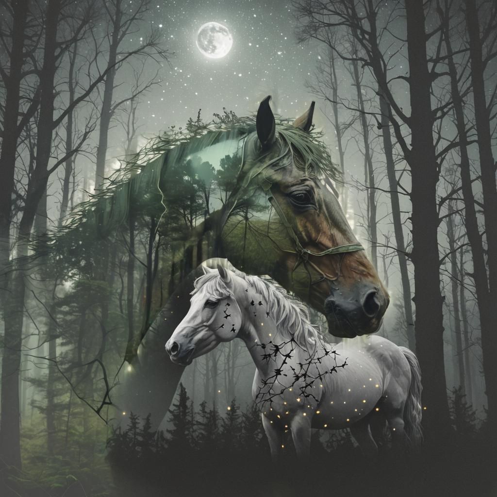 Double exposure forest inside outlines horse-head plain back...