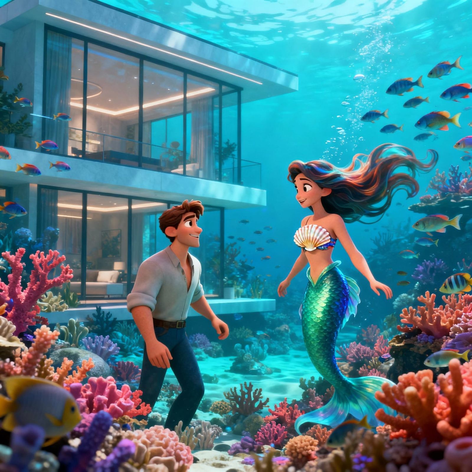 Underwater Encounter: Man Meets Mermaid in Pixar Style