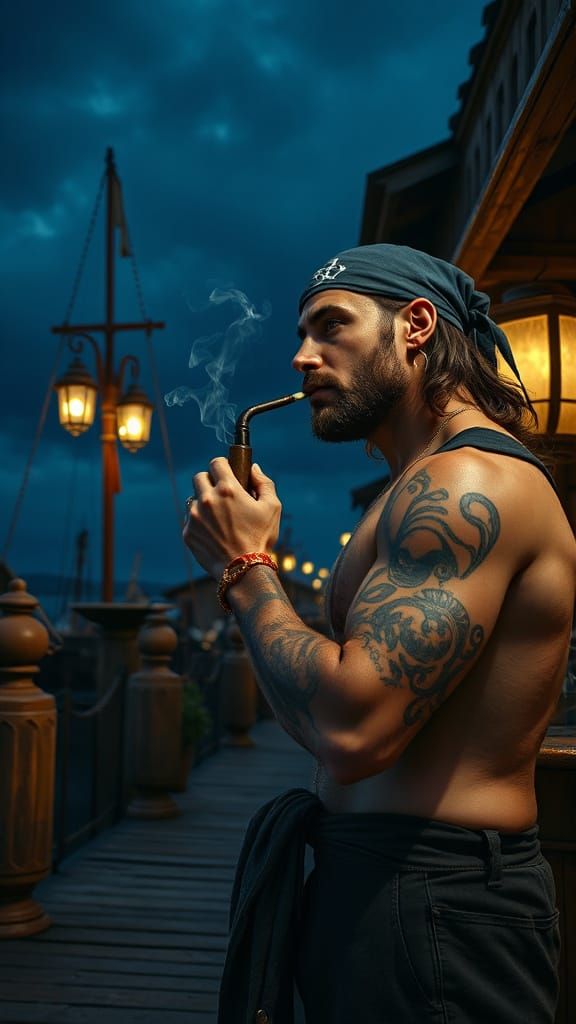Medieval Sailor Smokes Pipe in Seaside Tavern at Night