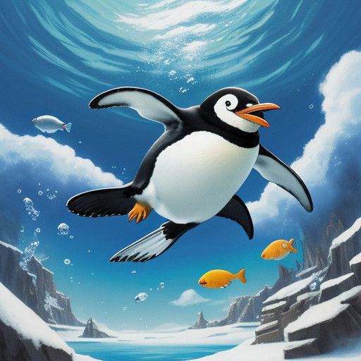 A Happy Penguin Dives for Fish in Vibrant Anime Style