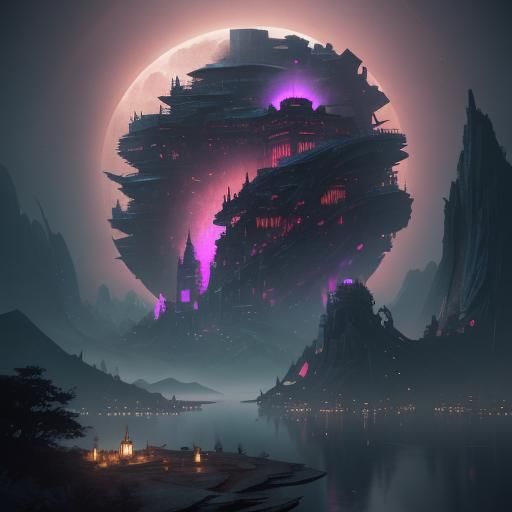 Futuristic City Ring on Island, Matte Painting