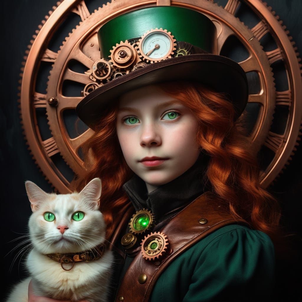 Steampunk Portrait of a Young Girl with a Copper-Golden Cat