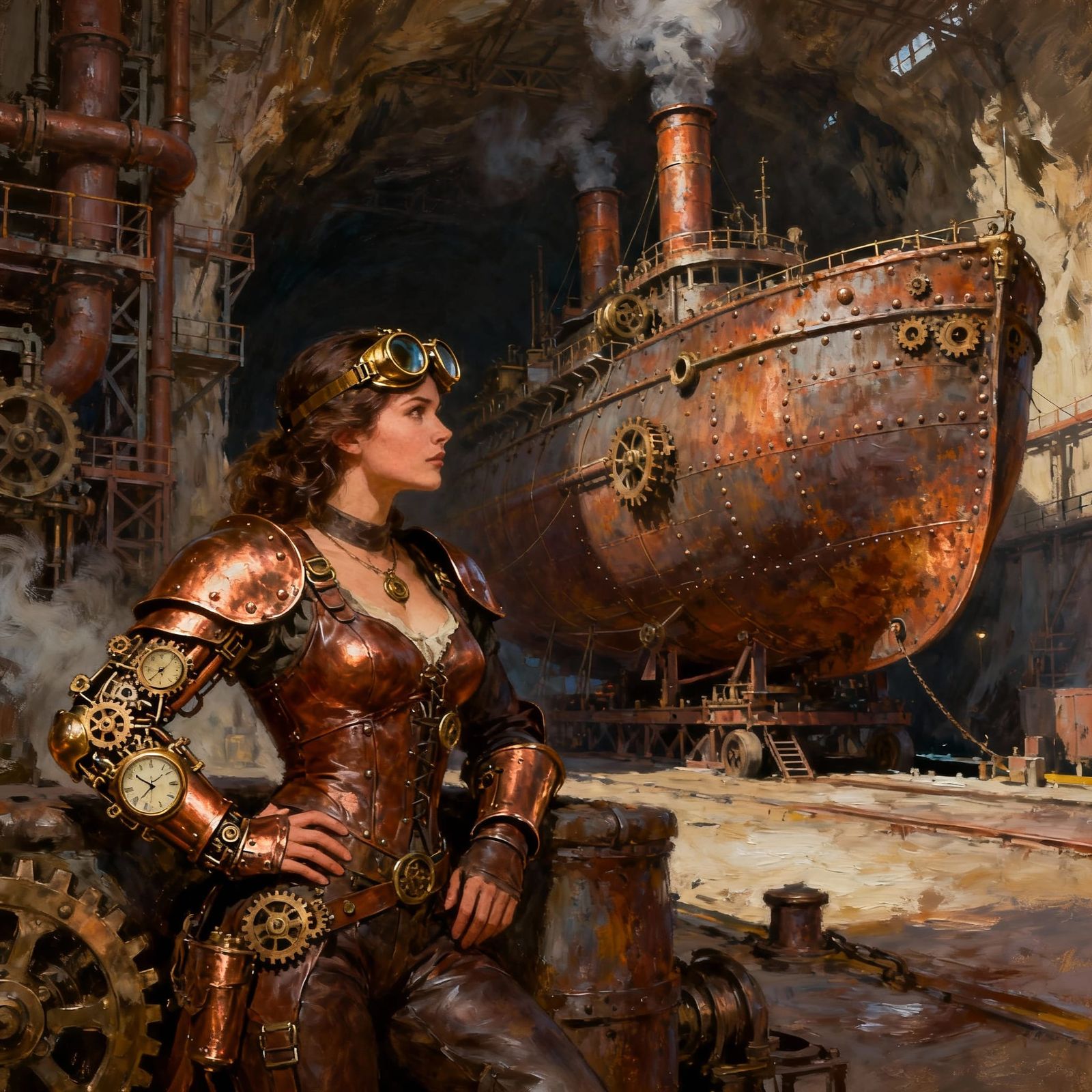 A formidable warrior lady with brass goggles and intricate clockwork arm enhancements, resting beside a massive, dormant...