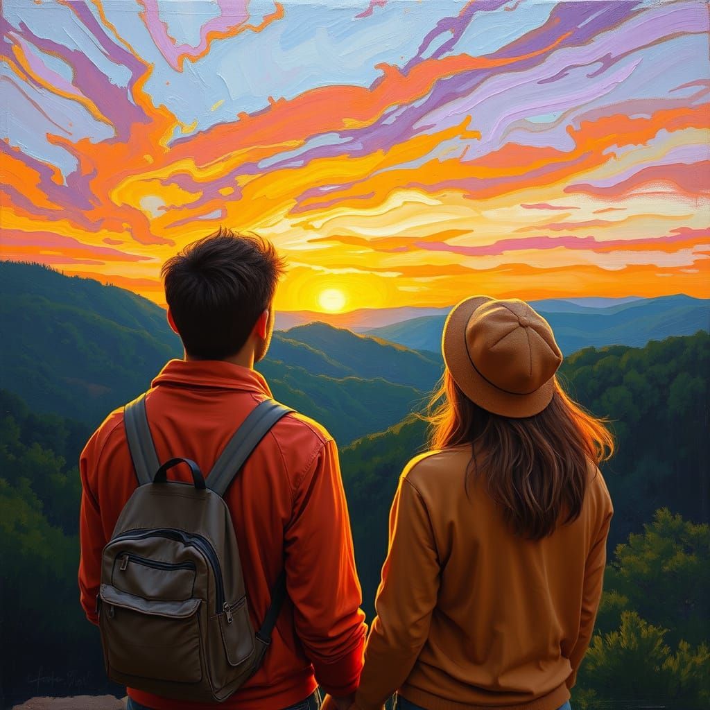 Neo-Expressionist Sunrise Landscape with Friends