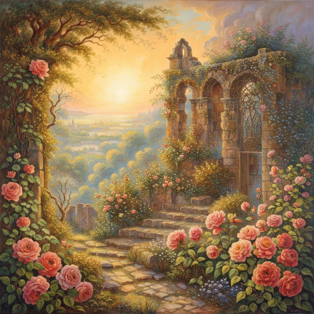 Sunlit Ruins with Roses in Whimsical Style