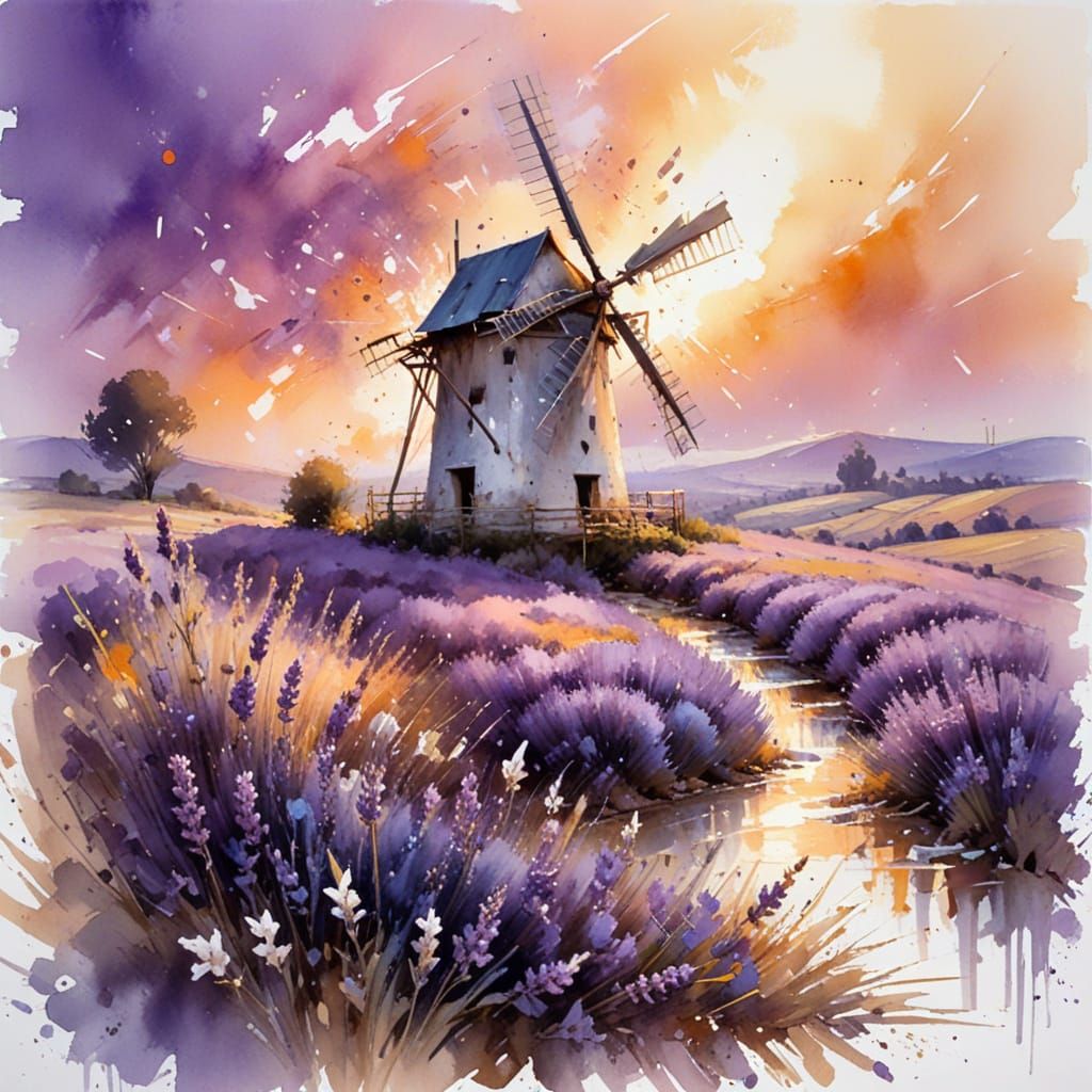Rustic Windmill in Lavender Field at Golden Hour