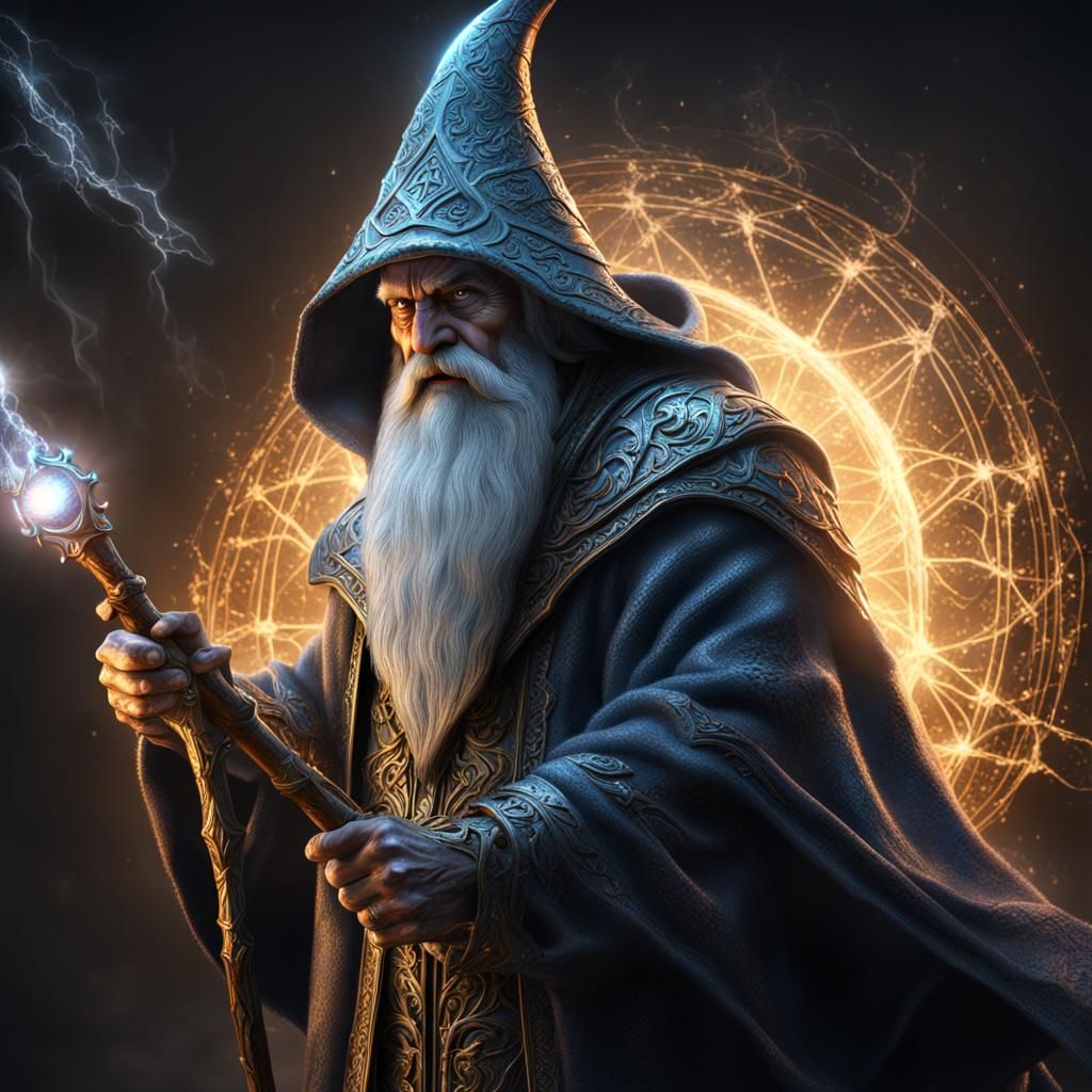 Powerful Wizard with Crystalline Staff in 8k