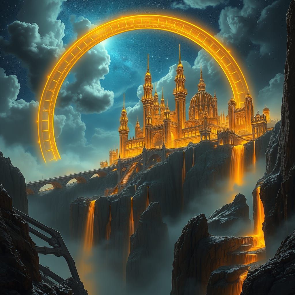 Celestial Metropolis Rises from Rocky Terrain, Surrounded by...