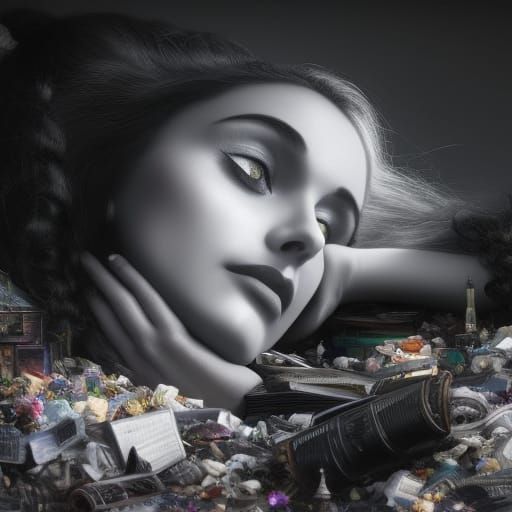 Depressed Woman in Trash, Black and White Hyperrealism