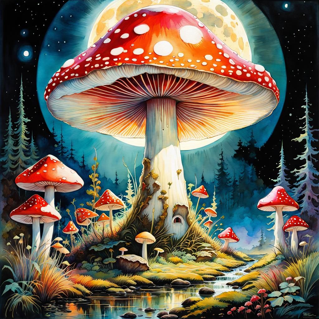 Full Moon Toadstool Landscape in Art Nouveau Watercolor