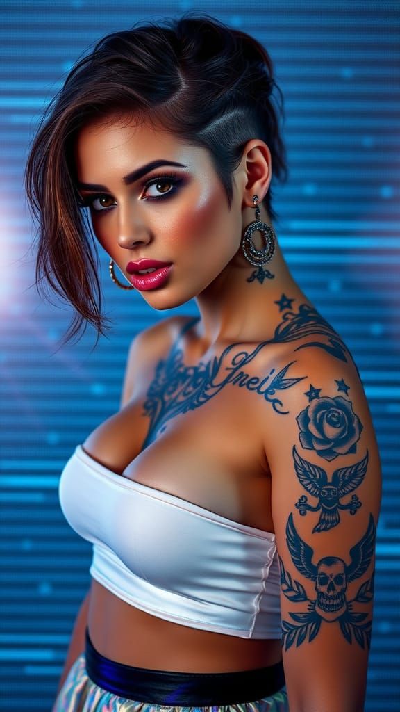 Woman with Tattoos and Cyberpunk Background